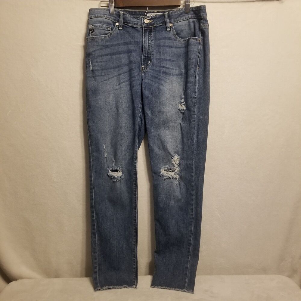 Kancan 32 Jeans Distressed Blue Denim Stretch Raw Hem Ankle Grunge 90s Edgy